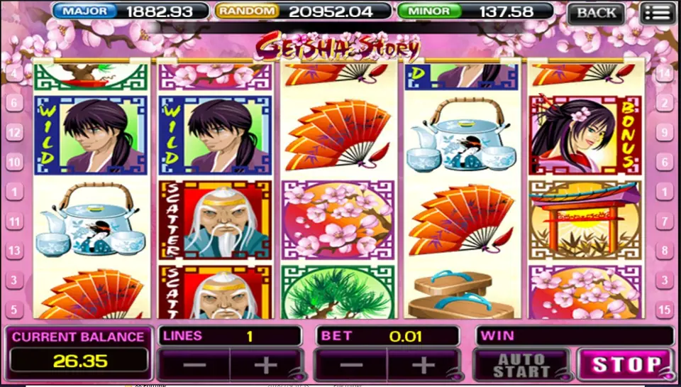 Geisha Story mid-spin with samurai WILD tiles on reels 1 and 2, two old master SCATTER tiles stacked on reel 2, a geisha BONUS tile on reel 5, fans, a tea set and a torii gate, LINES 1 and BET 0.01