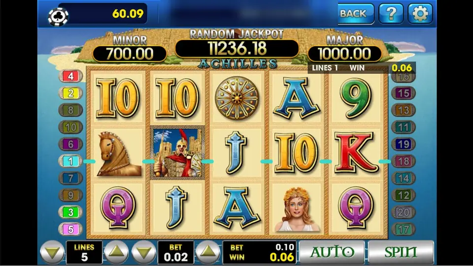Achilles line win of 0.06 on line 1 with the Achilles wild on reel 2 between a wooden horse and a J, LINES 5 and BET 0.02