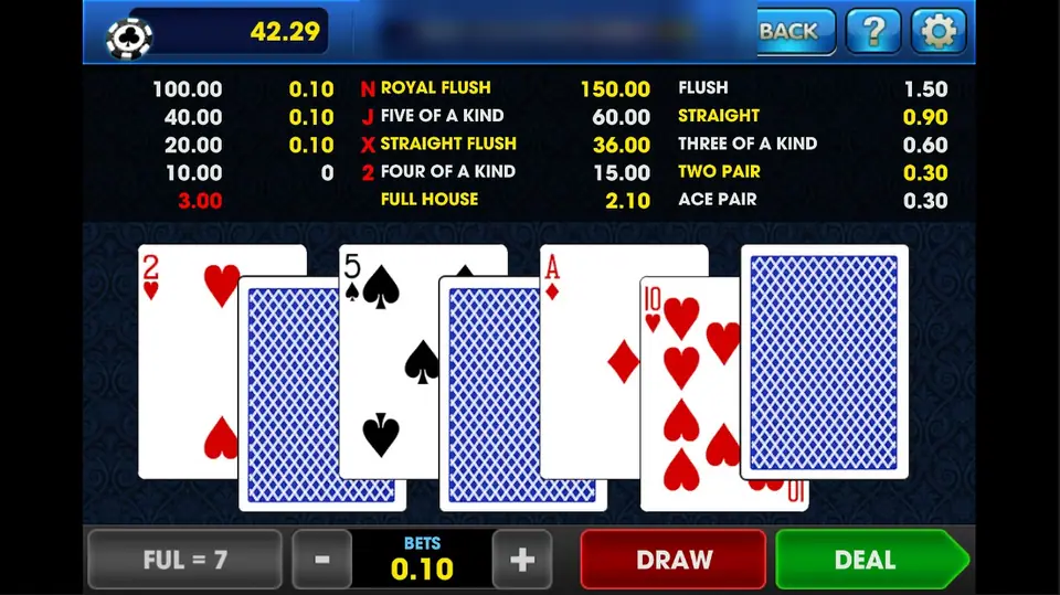 Bola Tangkas mid-hand with seven overlapping cards, the 2 of hearts, 5 of spades, ace of diamonds and 10 of hearts face up, a pay table above from ROYAL FLUSH 150.00 down to ACE PAIR 0.30, and DRAW and DEAL buttons