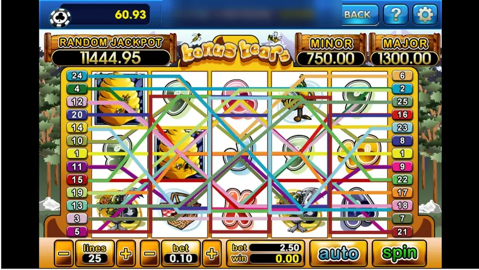 Bonus Bears with all 25 coloured paylines drawn over the reels, a beehive on reels 1 and 2, RANDOM JACKPOT 11444.95, MINOR 750.00 and MAJOR 1300.00, lines 25 and bet 0.10 for 2.50