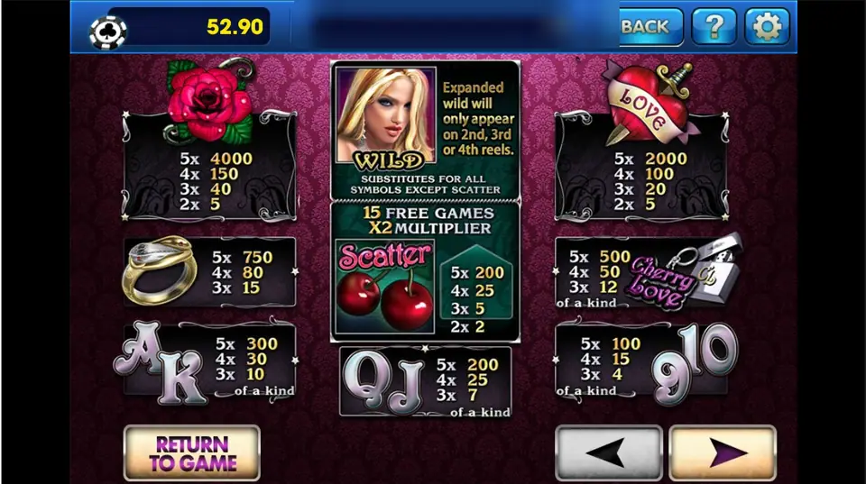 Cherry Love paytable: rose 4,000, dagger heart 2,000, ring 750, keychain and lighter 500, card letters, the blonde wild for reels 2 to 4 and the cherry scatter with 15 free games and a x2 multiplier