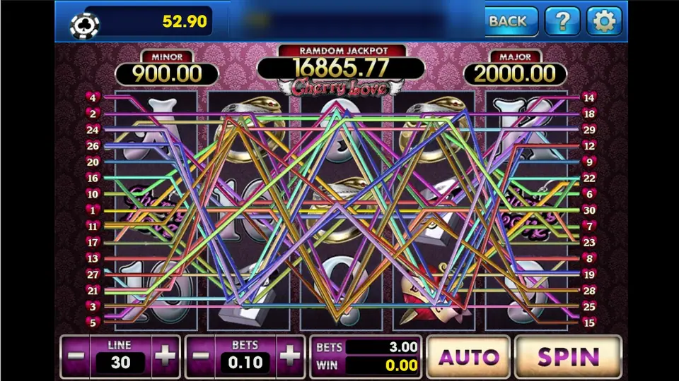 Cherry Love with all 30 paylines drawn across the reels, RAMDOM JACKPOT 16865.77, MINOR 900.00 and MAJOR 2000.00, LINE 30 and BETS 0.10 for 3.00