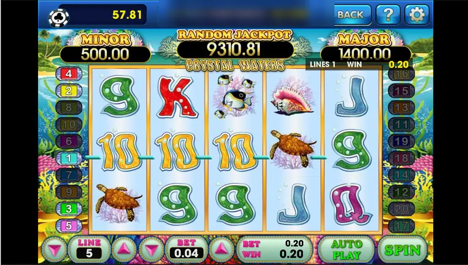 Crystal Waters line win of 0.20 on line 1: three gold 10s across reels 1 to 3 and a turtle on reel 4, LINE 5 and BET 0.04