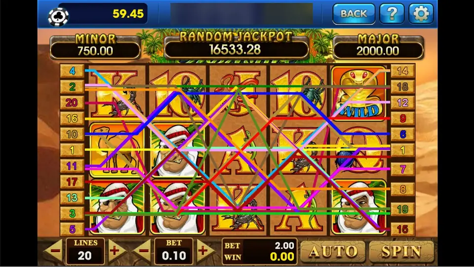 Desert Treasure with all 20 paylines drawn in different colours across the reels, LINES 20, BET 0.10, total BET 2.00, and MINOR 750.00, RANDOM JACKPOT 16,533.28 and MAJOR 2,000.00 above