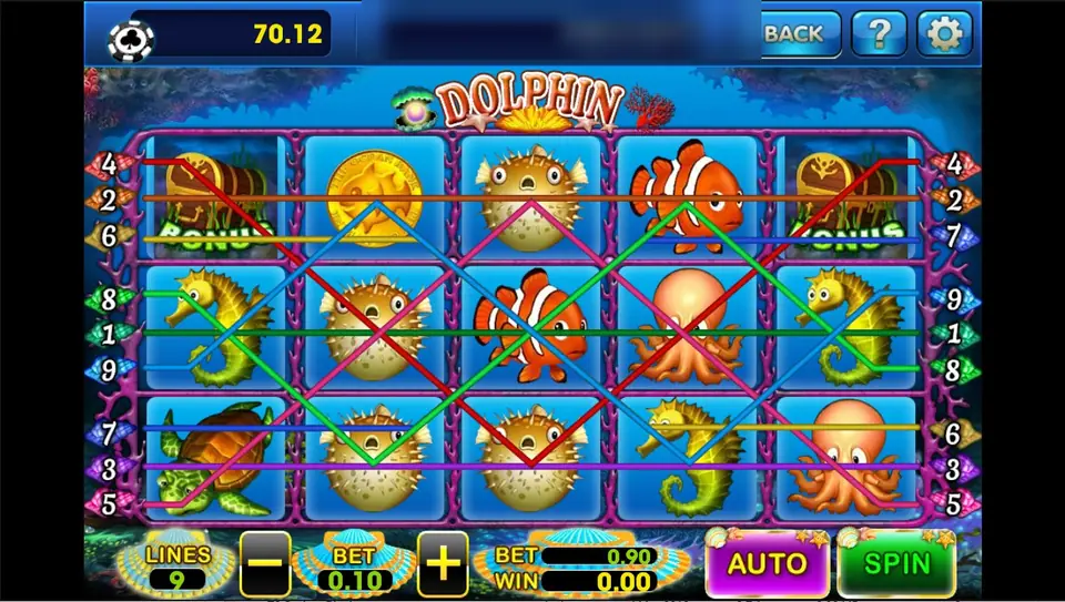 Dolphin reels with nine coloured paylines, BONUS treasure chests on reels 1 and 5, pufferfish, clownfish, seahorses, octopus and a gold coin, LINES 9, BET 0.10 and a total of 0.90