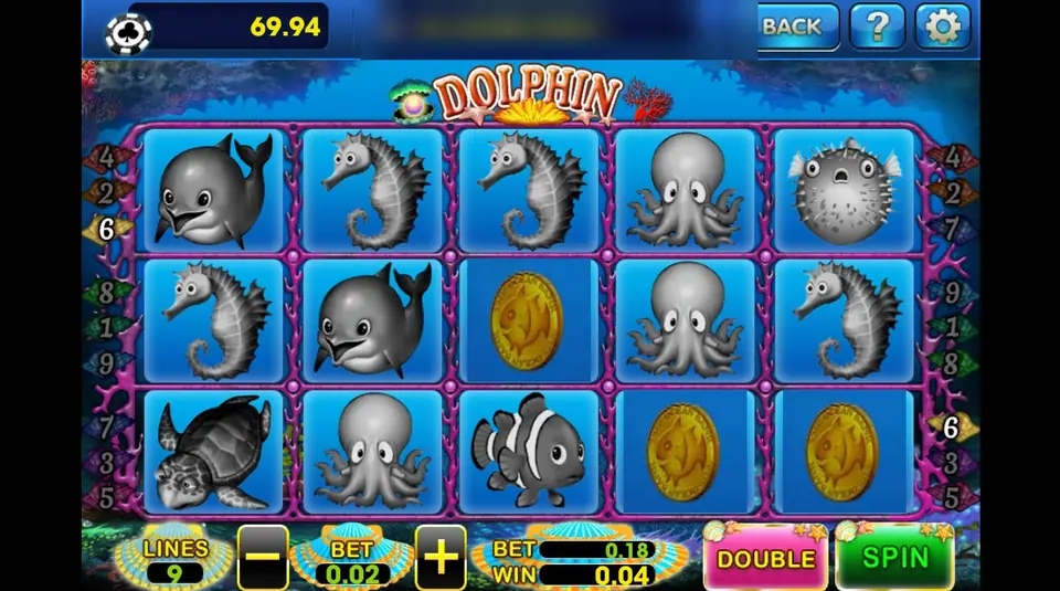 Dolphin after a win of 0.04: the whole reel set turned grey except three gold coins, with BET 0.02 on 9 lines for 0.18 and a pink DOUBLE button