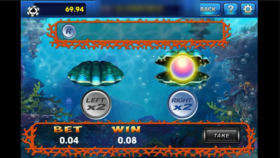 Dolphin double game: the right clam open on a glowing pearl, WIN now 0.08, an R marker in the history bar, LEFT x2 and RIGHT x2 buttons and TAKE