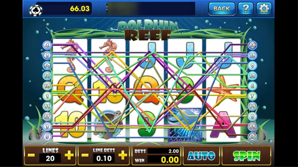 Dolphin Reef with all 20 paylines drawn across the reels, LINES 20, LINE BETS 0.10, BETS 2.00, and a dolphin wild on reel 4