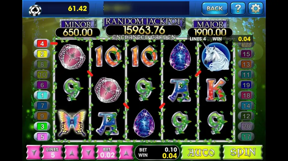 Enchanted Garden paying 0.04 on line 4 with two pink dragonfly jewels on reels 1 and 2, a unicorn, a butterfly and sapphires, LINES 5 and BET 0.02, and MINOR 650.00 and MAJOR 1900.00