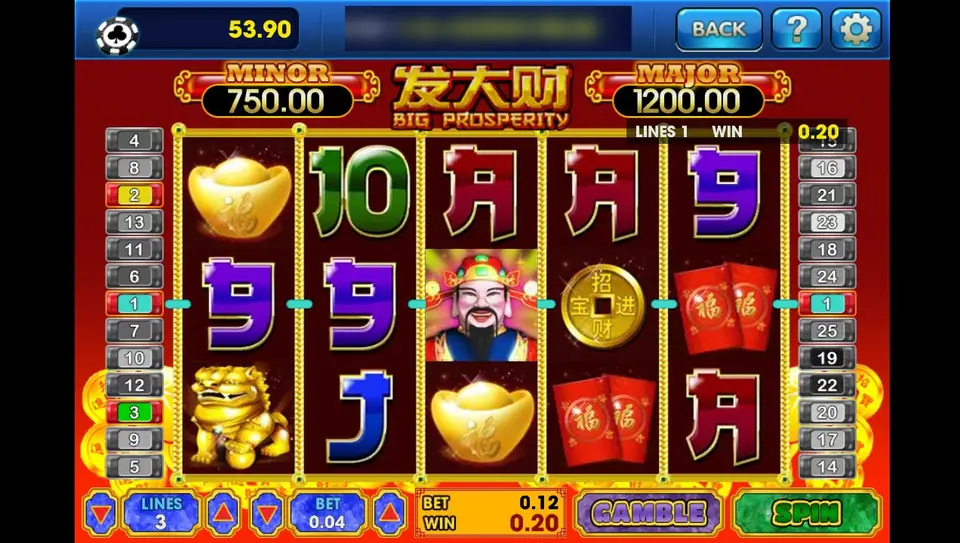 Fa Da Chai paying 0.20 on line 1: 9s on reels 1 and 2 and the God of Wealth in the middle of reel 3, with gold ingots, a lion, a coin and red envelopes around them, LINES 3, BET 0.04 and a GAMBLE button