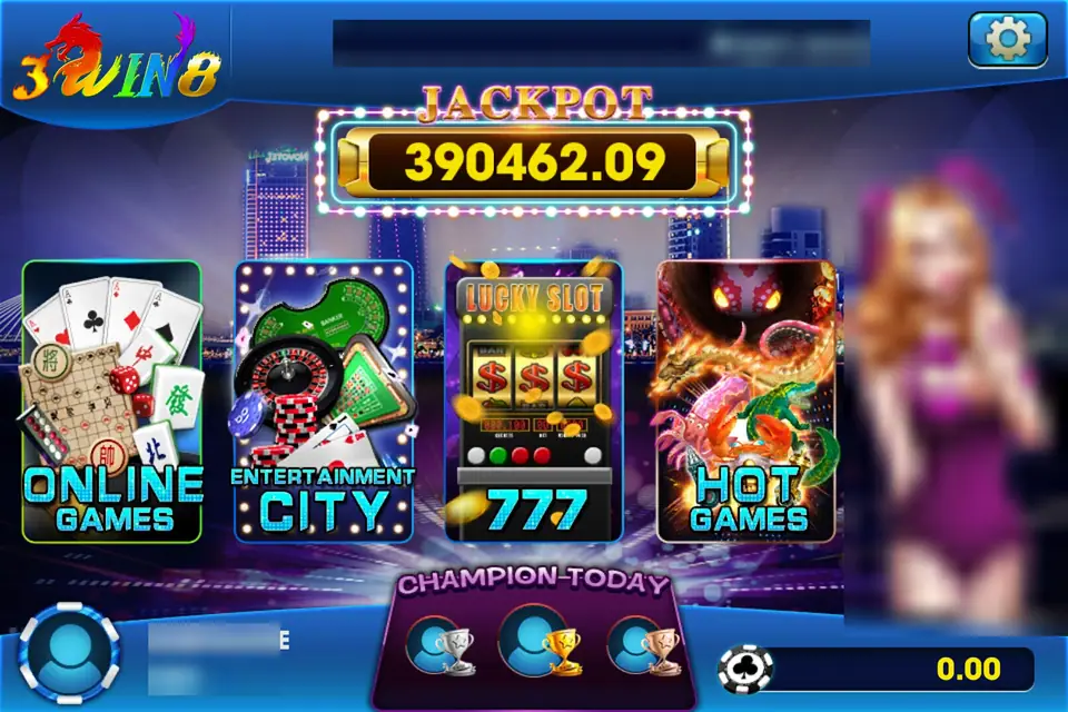 3Win8 lobby: the rainbow 3Win8 dragon logo top left, a JACKPOT box at 390,462.09, four tiles for ONLINE GAMES, ENTERTAINMENT CITY, 777 and HOT GAMES, a CHAMPION TODAY podium, VERSION = 5.1.1 and a balance of 0.00, with the player ticker, username and mascot blurred