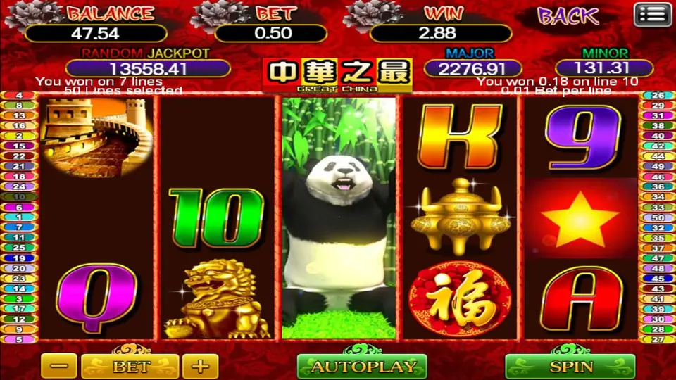 The panda filling reel 3 on a win: 'You won on 7 lines', WIN 2.88 on a 0.50 bet, with a Great Wall tile, a lion and a 福 disc around it