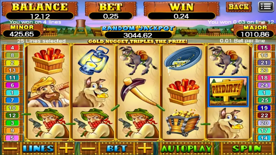 Three bandits with revolvers across the bottom row winning on 4 lines, WIN 0.24 on a 0.25 bet, with the GOLD NUGGET TRIPLES THE PRIZE banner above the reels