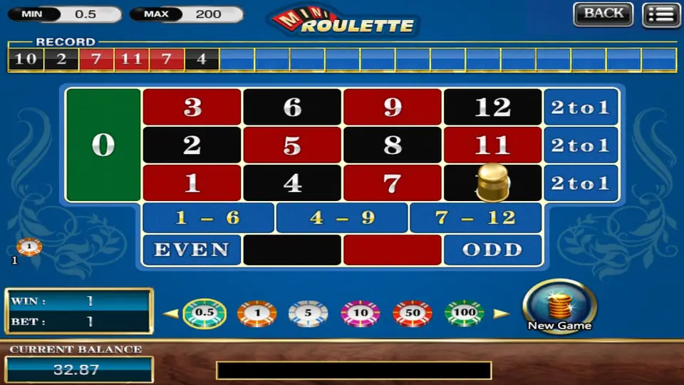Result on 10: a gold marker on 10, RECORD now starting 10, 2, 7, 11, 7, 4, WIN 1 and BET 1, with a New Game button