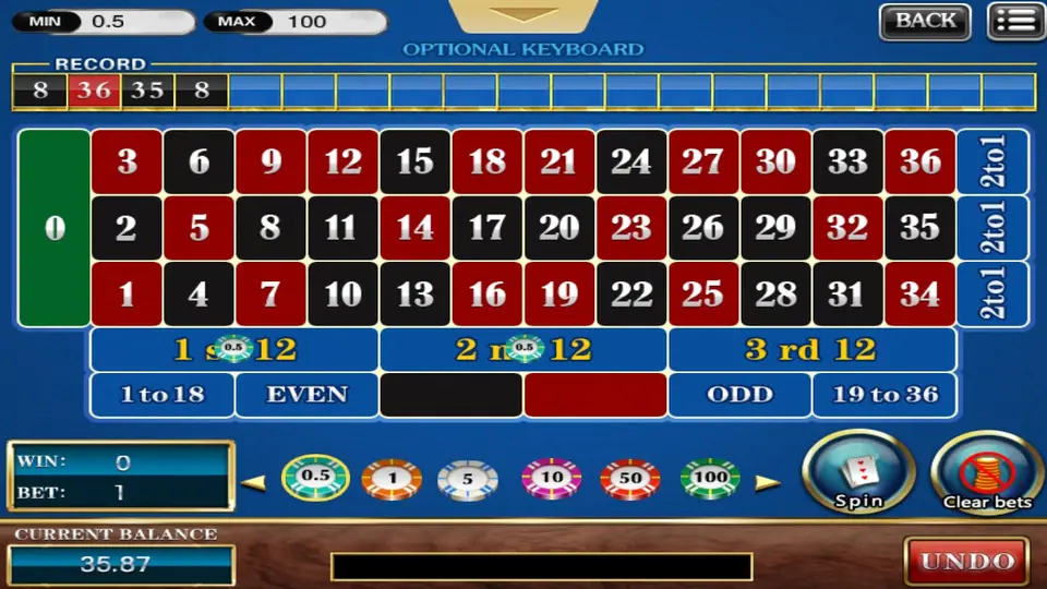 918Kiss Roulette betting table: a green 0, numbers 1 to 36 in red and black, 2to1 columns, dozens, 1to18, EVEN, red, black, ODD and 19to36, with 0.5 chips on the 1st 12 and 2nd 12 and BET 1