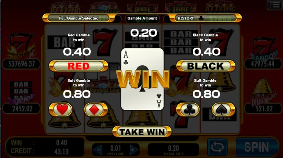 777 Blazing gamble screen over the dimmed reels: Gamble Amount 0.20, RED or BLACK to win 0.40, suits to win 0.80, ace of clubs with WIN