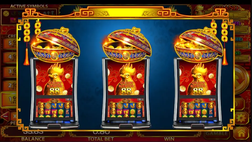 Golden Rooster 88 intro screen: three small slot cabinets on a blue patterned background, each with an open porcelain bowl of gold coins on top and a golden rooster with 88 on its screen