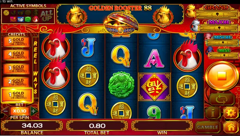 Golden Rooster 88 reels with red roosters stacked on reel 1, a jade dragon disc, gold coins, a purple Fu tile and 9 to A symbols, the Gold Symbols ladder on the left, GRAND, MAJOR, MINOR and MINI boxes on the right, TOTAL BET 0.80