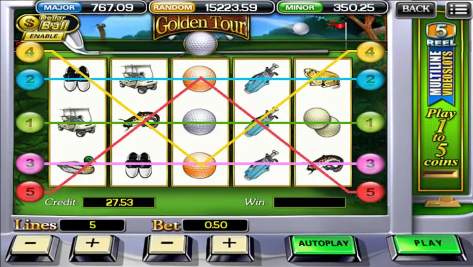 Golden Tour with all five paylines drawn across the reels in yellow, blue, green, pink and red, symbols of golf shoes, carts, orange and white golf balls, club bags, a fish and a duck, Lines 5, Bet 0.50, Credit 27.53
