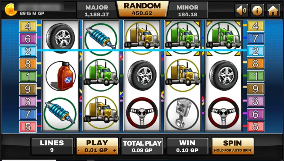 Highway Kings reels with yellow and green trucks, tyres, a shock absorber, an oil can, steering wheels and a piston, two green trucks on line 2 lit up and WIN 0.10 GP