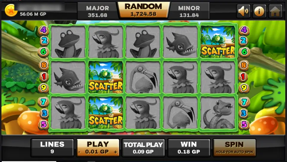 Three SCATTER tiles showing a chameleon on a beach, two on reel 2 and one on reel 5, the rest of the reels greyed out and WIN 0.18 GP