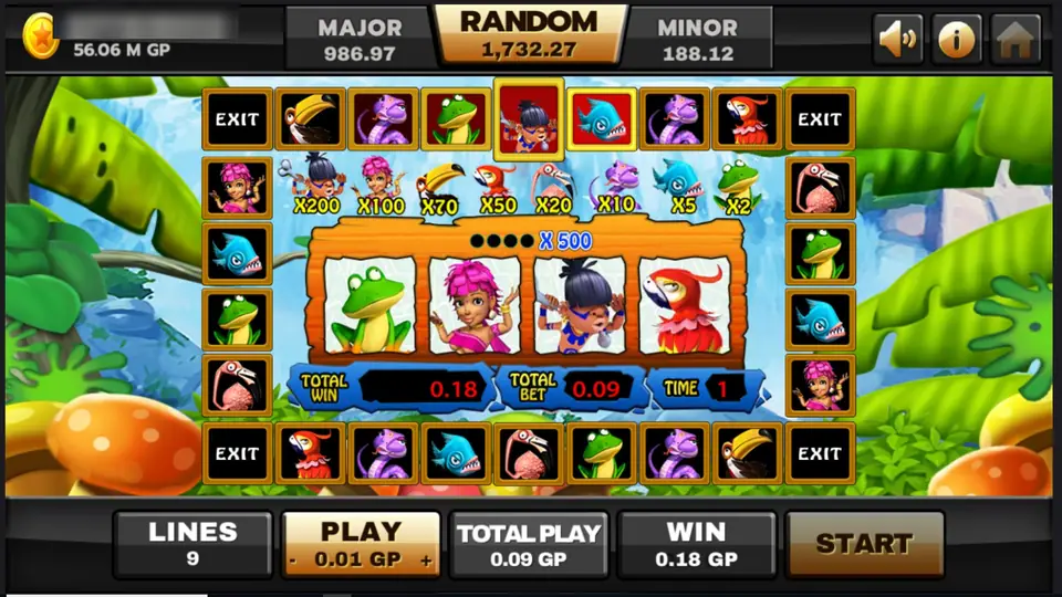 Jungle Island bonus board: a ring of symbol tiles with EXIT in the corners, a multiplier row from x200 down to x2, four reels showing a frog, the cavegirl, the caveboy and a parrot, and boxes for TOTAL WIN 0.18, TOTAL BET 0.09 and TIME 1