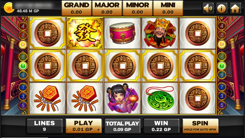 Lucky God 2 with copper coins across line 1 lit up, a gold Fa tile on reel 2, the God of Fortune on reel 4 and WIN 0.22 GP