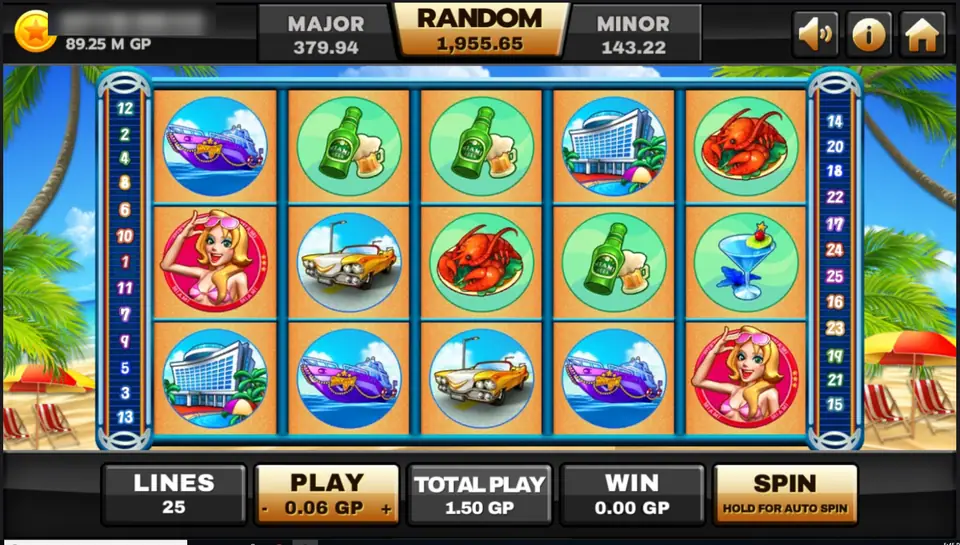 Miami reels at the start: a purple yacht, beer bottles with mugs, a hotel, lobsters, a woman in sunglasses, a yellow convertible and a blue cocktail, LINES 25, PLAY 0.06 GP and TOTAL PLAY 1.50 GP