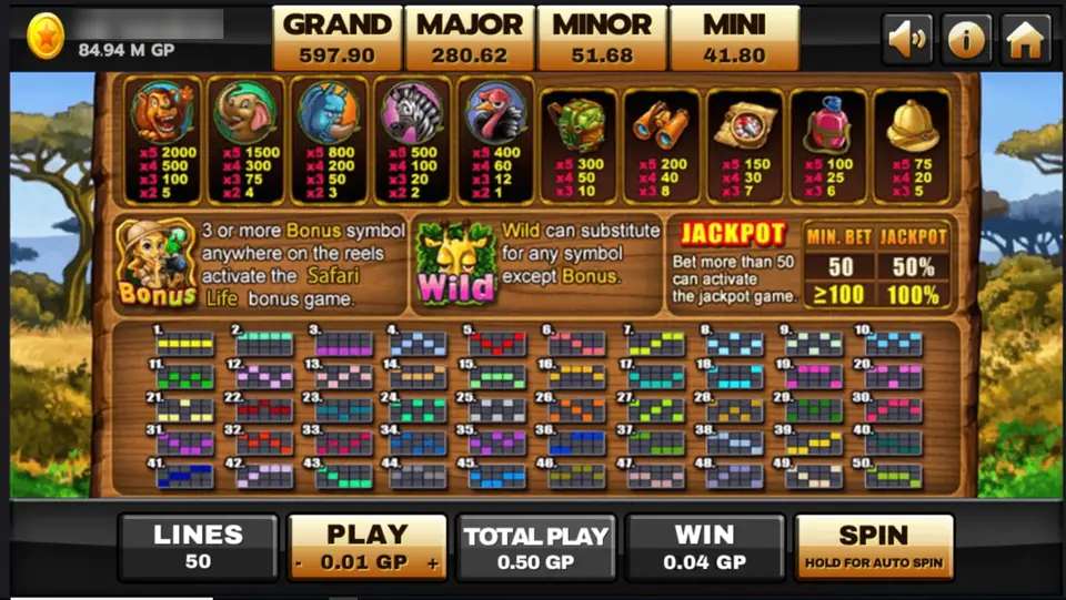 Safari Life info screen: ten symbols with their pays from the lion at 2000 for five to the pith helmet at 75, a Bonus panel, a giraffe Wild panel, a JACKPOT table with MIN. BET 50 for 50% and 100 or more for 100%, and diagrams of all 50 lines