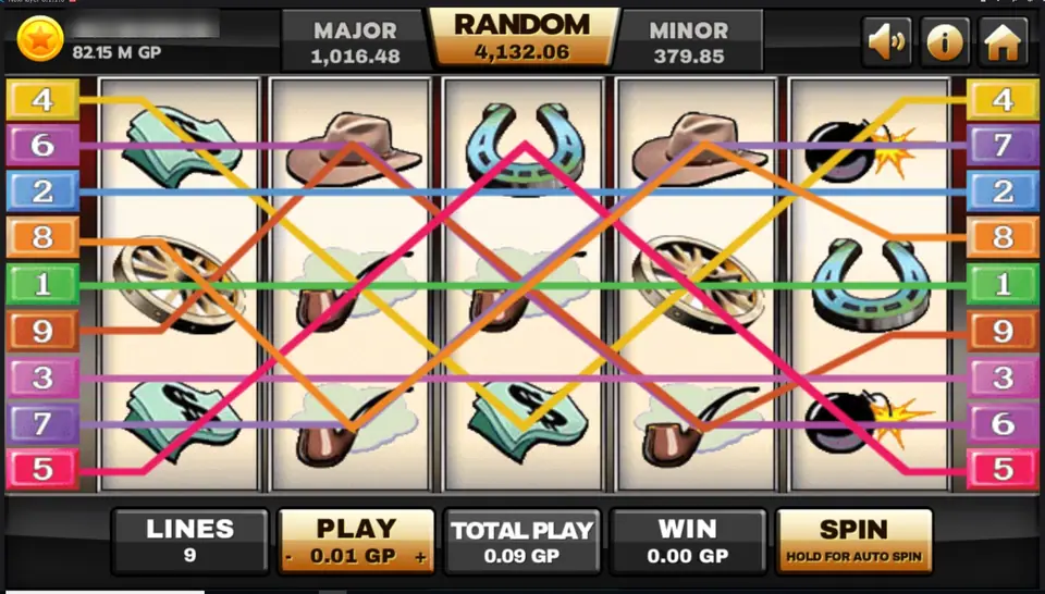 All nine Silver Bullet lines drawn over the reels in different colours, with numbered tabs 4, 6, 2, 8, 1, 9, 3, 7, 5 on the left and banknotes, hats, horseshoes, pipes, wheels and bombs underneath