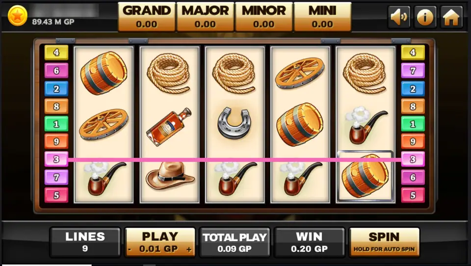 A pink line across the bottom row of pipes, a cowboy hat and more pipes with an oak barrel framed on reel 5, rope coils and a wagon wheel above, WIN 0.20 GP at 0.09 GP a spin