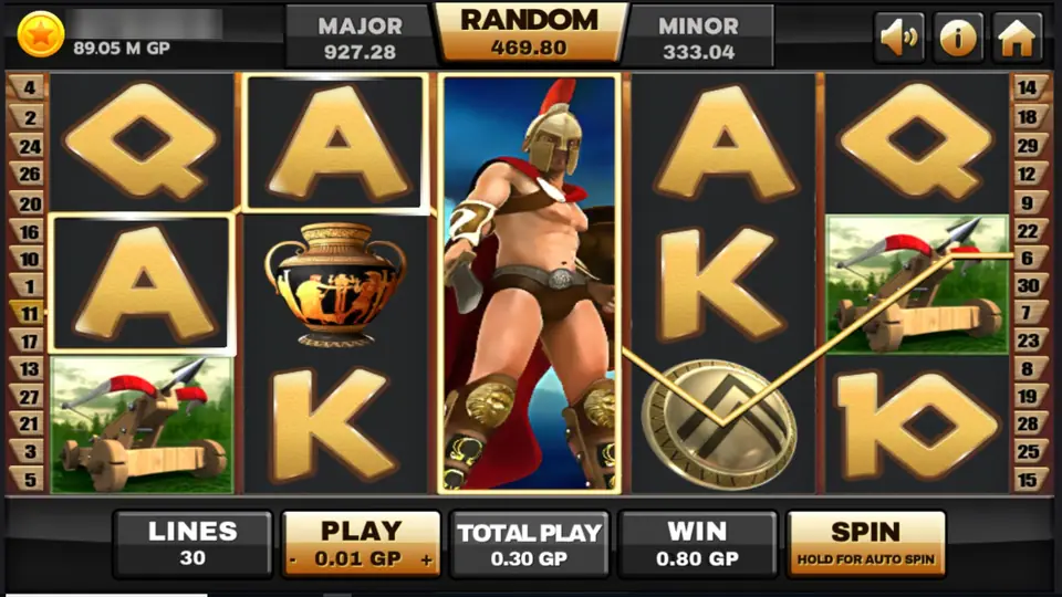 Sparta on Joker123: a Spartan warrior in a crested bronze helmet and red cloak filling reel 3, gold A, K and Q letters, a Greek vase, a catapult and a round shield, a gold win line and WIN 0.80 GP at LINES 30 and PLAY 0.01 GP