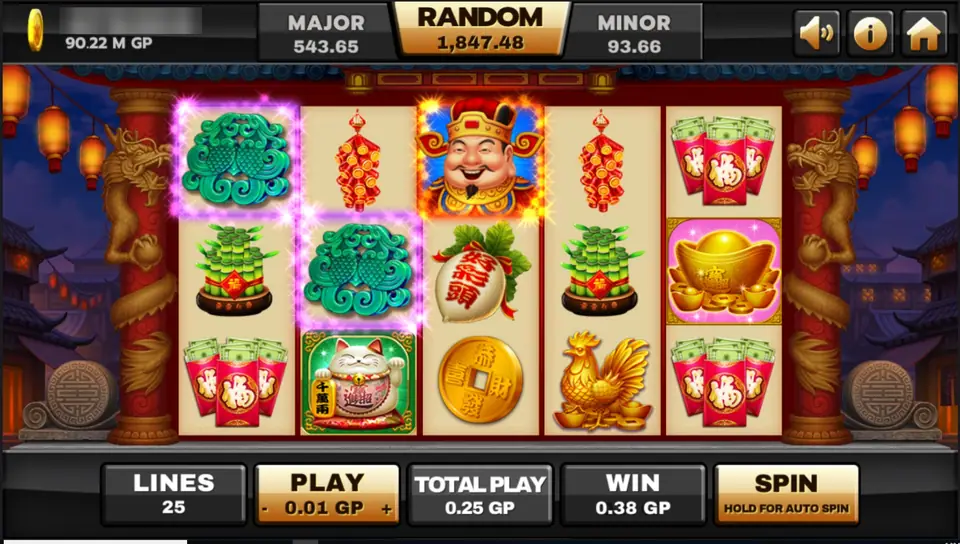 Supreme Caishen on Joker123: two jade carp symbols lit up on reels 1 and 2, the God of Wealth in a glowing frame on reel 3, firecrackers, lucky bamboo, a white radish, a lucky cat, a gold coin, a golden rooster, red packets and a gold ingot, framed by red dragon pillars, WIN 0.38 GP