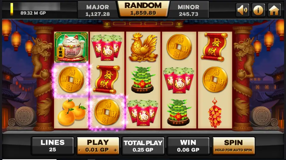 Two gold coins with square holes lit up on reels 1 and 2, a lucky cat, a red 發財 scroll, a golden rooster, red packets and lucky bamboo around them, WIN 0.06 GP