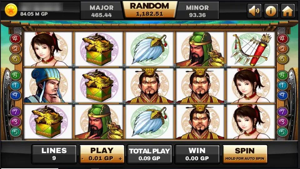 Three Kingdoms on Joker123: a young woman with a red hair ribbon, golden dragon seals on green boxes, white feather fans, a general in a green hood, a crowned lord, a strategist in a blue hat and a bow with a quiver, on nine lines with MAJOR, RANDOM and MINOR boxes above