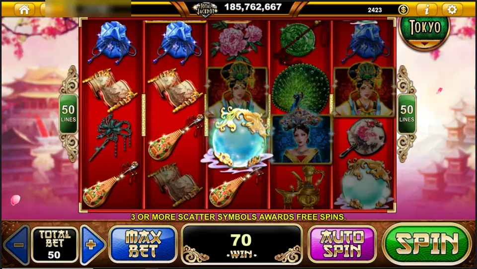 Imperial Chaise with the empress on reels 3 and 4, a pearl orb in a burst of light on reel 3, the message 3 OR MORE SCATTER SYMBOLS AWARDS FREE SPINS and a win of 70
