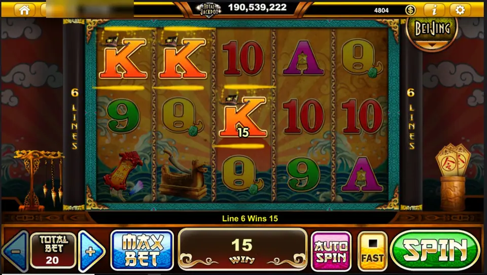 Justice Bao with three orange K symbols highlighted, a 15 payout on reel 3, TOTAL BET 20 and the message Line 6 Wins 15