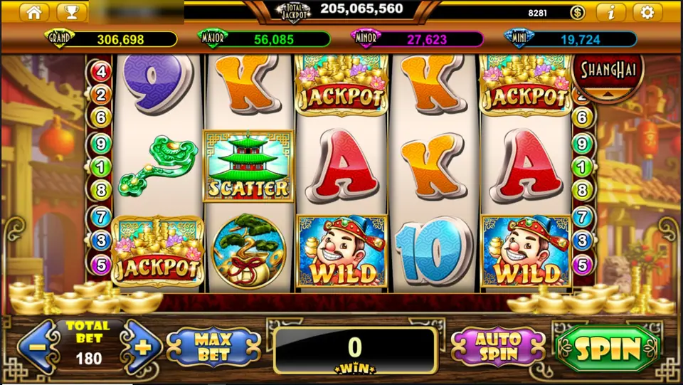 Lucky Fortune on Live22: a smiling fortune boy marked WILD on reels 3 and 5, a green pagoda SCATTER, gold JACKPOT symbols, a jade ruyi charm and a bonsai money bag, GRAND 306,698 on the jackpot bar and TOTAL BET 180