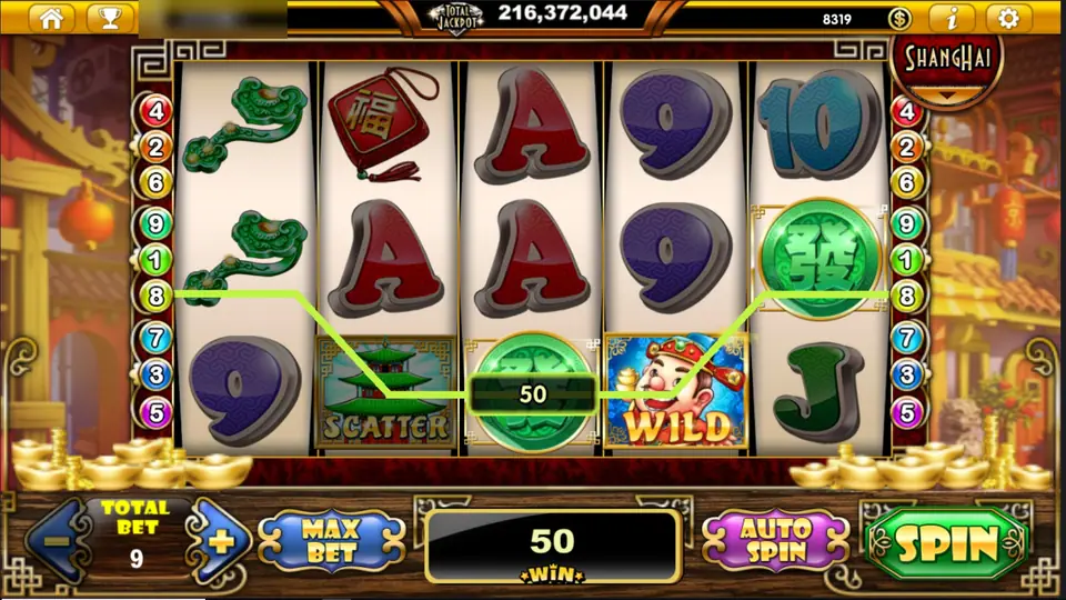 Lucky Fortune with a line 8 win of 50 zig-zagging from a jade ruyi on reel 1 through a fa coin and the fortune-boy WILD to another fa coin on reel 5, WIN 50