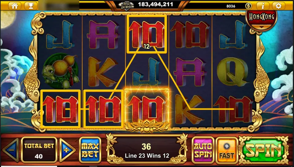 Mystery Lake of Pearl with red 10s highlighted on reels 1 to 3, line 23 climbing to a 10 at the top of reel 3 for 12, a turtle on reel 1 and a total win of 36