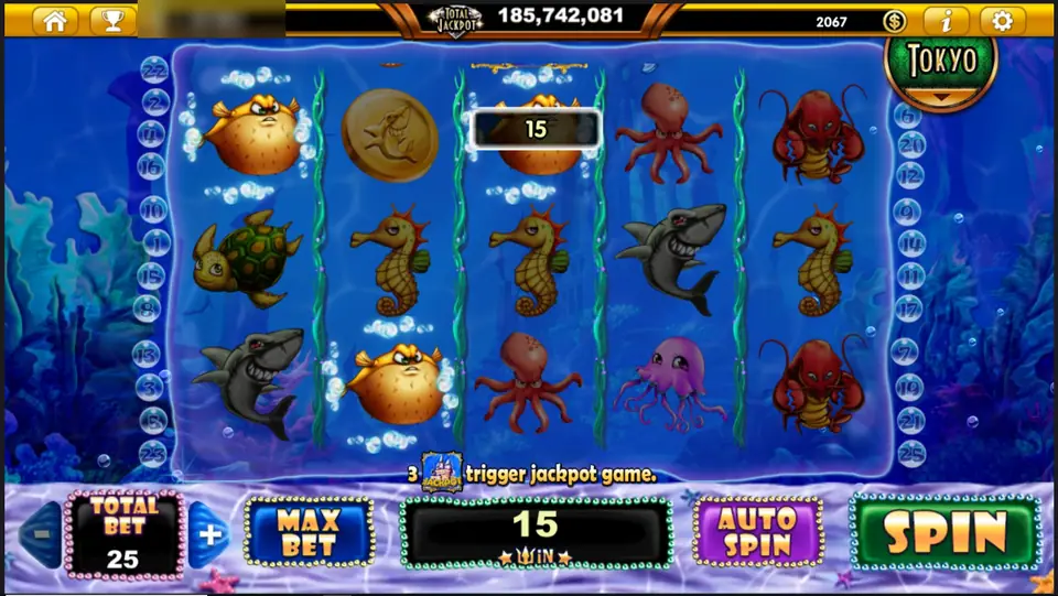 Ocean Trouble with pufferfish on reels 1 to 3 paying 15, a seahorse, sharks, octopuses and lobsters, and the message 3 castles trigger jackpot game