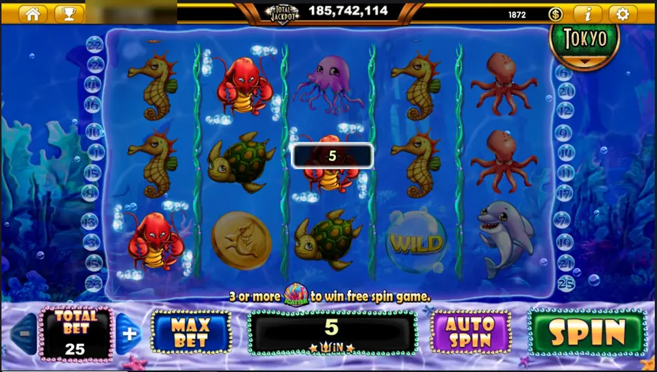 Ocean Trouble with seahorses, red lobsters, turtles, a gold shark coin and a dolphin, one bubble WILD on reel 4, the free-spin message and a win of 5 at a total bet of 25