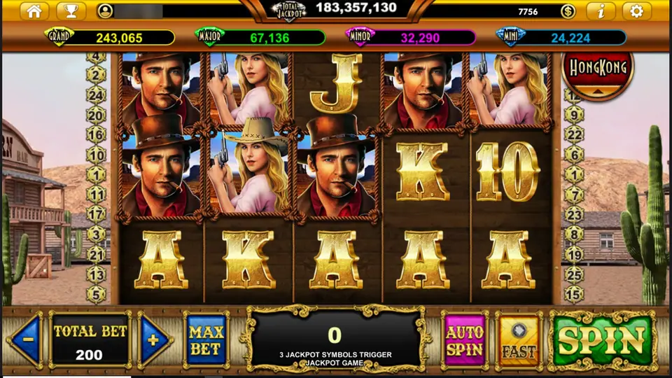 Outlawed Gunslinger on Live22: cigar-smoking cowboys in brown hats and a blonde woman with a revolver on the top rows, five gold letter A symbols across the bottom row, a desert town behind, jackpot bar GRAND 243,065 and TOTAL BET 200
