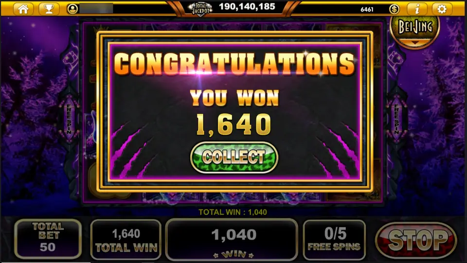 CONGRATULATIONS YOU WON 1,640 end screen with a COLLECT button, TOTAL WIN 1,640, a last-spin win of 1,040 and FREE SPINS 0/5