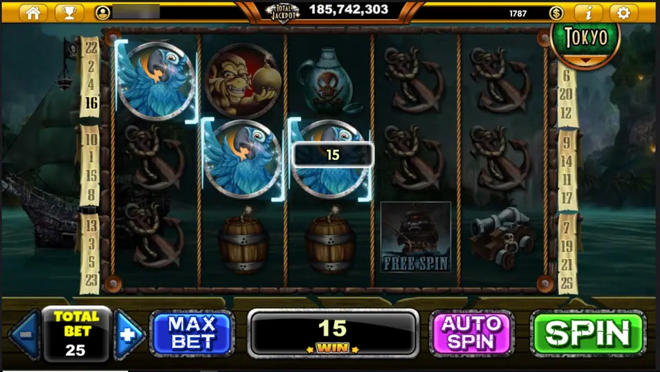 Three blue parrots on reels 1 to 3 lit up as a winning line with a win of 15, anchors on reels 4 and 5, a ghost ship FREE SPIN tile and a cannon, TOTAL BET 25