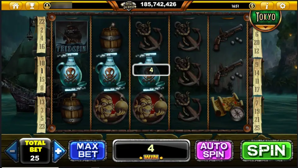 Poison bottles on reels 1 to 3 of the middle row paying 4, monkeys with bombs below, a FREE SPIN ship on reel 1 and flintlocks on reel 5