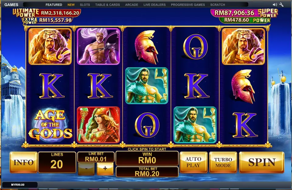 Age of the Gods reels with god portraits, a red Spartan helmet and purple K and Omega symbols, jackpot counters at the top and Lines 20, Line Bet RM0.01, Total Bet RM0.20 below