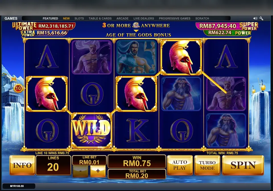 Age of the Gods line 10 win: three Spartan helmets and a wild on reel 2, with a banner reading 3 or more Age of the Gods logos anywhere trigger the Age of the Gods Bonus