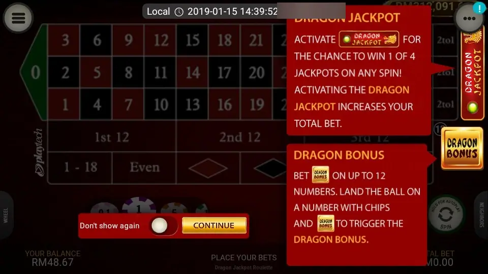 Dragon Jackpot help pop-up explaining the Dragon Jackpot switch and the Dragon Bonus chip over the roulette table