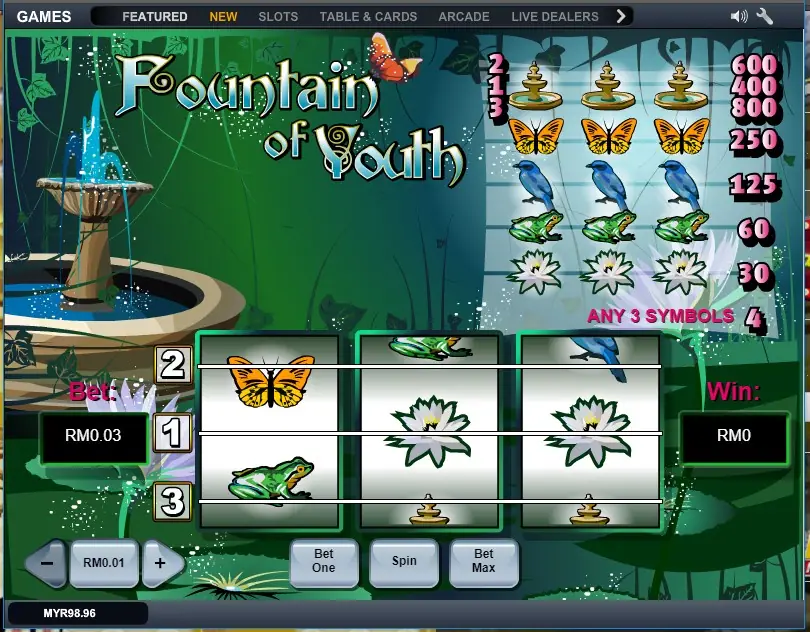 Fountain of Youth with a stone fountain on the left, the paytable top right, three reels showing a butterfly, frogs, water lilies and small fountains, Bet RM0.03 and Win RM0